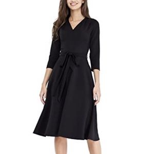 VILONNA Elegant V-Neck Belted Dress with Pockets